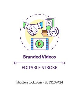 Branded Videos Concept Icon. Sponsorship Virtual Events Idea Thin Line Illustration. Marketing Content. Driving Audience Action. Brand Promo. Vector Isolated Outline RGB Color Drawing. Editable Stroke