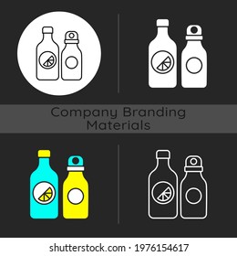 Branded water bottle dark theme icon. Designer create unique water holder for travelers. Fashion items to look modern. Linear white, simple glyph and RGB color styles. Isolated vector illustrations