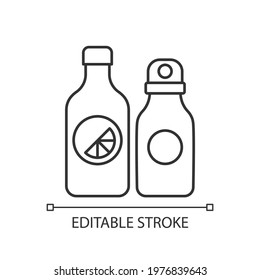 Branded water bottle linear icon. Designer create unique water holder for travelers. Thin line customizable illustration. Contour symbol. Vector isolated outline drawing. Editable stroke