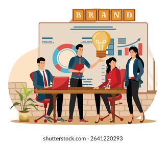 Branded workshop concept. Team Collaboration  in a modern office for brand development, featuring analysis and teamwork.