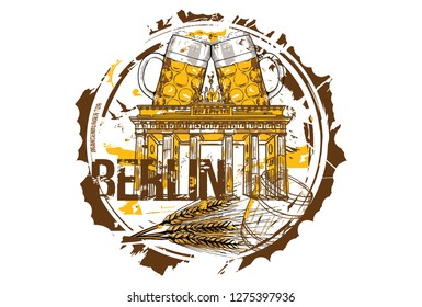 Brandenburg gate and Beer Festival concept. Berlin, Germany. Hand drawn illustration.