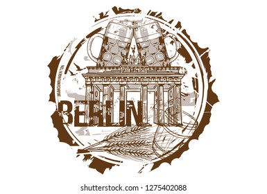 Brandenburg gate and Beer Festival concept. Berlin, Germany. Hand drawn illustration.