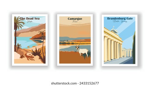 Brandenburg Gate, Berlin, Germany. Camargue, France. The Dead Sea, Jordan - Set of 3 Vintage Travel Posters. Vector illustration. High Quality Prints