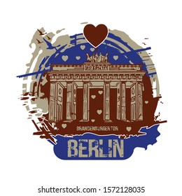 Brandenburg gate, Berlin / Germany city design with love hearts. Hand drawn illustration.