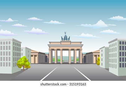 Brandenburg Gate of Germany. National symbols. It is built on the site of a former city gate that marked the start of the road from Berlin to the town. Illustration of square and buildings in vector. 