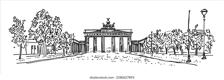 brandenburg gate with surrounding trees and streetlights, hand-drawn vector illustration