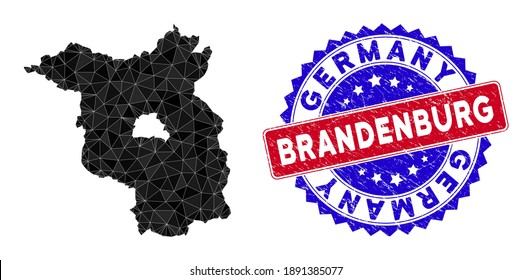 Brandenburg Land map polygonal mesh with filled triangles, and distress bicolor rubber seal. Triangle mosaic Brandenburg Land map with mesh vector model, triangles have randomized sizes,