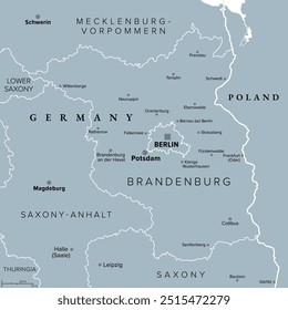 Brandenburg, a state in northeastern Germany, gray political map with capital and largest city Potsdam, borders and largest cities. Brandenburg surrounds the national capital and city-state of Berlin.