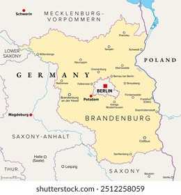 Brandenburg, a state in northeastern Germany, political map with capital and largest city Potsdam, borders, and largest cities. Brandenburg surrounds the national capital and city-state of Berlin.