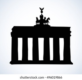 Brandenburger Tor isolated on white. Freehand outline ink hand drawn picture sketch in art vintage engraving style. Panoramic view with space for text on evening sky backdrop