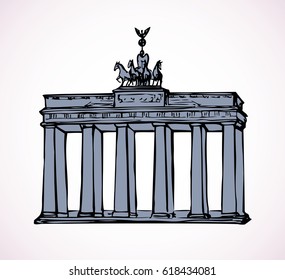 Brandenburger Tor isolated on white. Freehand outline ink hand drawn picture sketch in art vintage engraving style. Panoramic view with space for text on evening sky backdrop