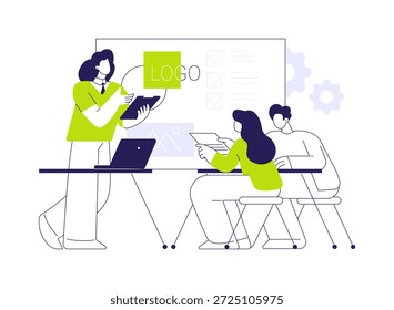 Ilustración vectorial de concepto abstracto de marca. Mujer que presenta el logotipo de la marca, crea una Marca comercial, diseño de empaquetado, nueva empresa emergente, metáfora abstracta del proceso de lanzamiento del producto.