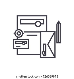 branding accessories,mail, document, pencil vector line icon, sign, illustration on background, editable strokes