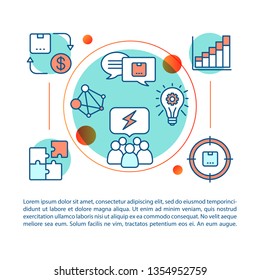 Branding agency article page vector template. Brand management. Strategy analysis, planning. Brochure, magazine design element with linear icons. Print design. Concept illustrations with text space