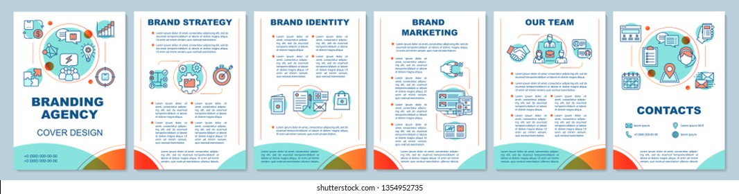 Branding agency brochure template layout. Brand strategy, marketing. Flyer, booklet, leaflet print design, linear illustrations. Vector page layouts for magazines, annual reports, advertising posters