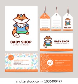 Branding baby shop. Logo, business card and price tag . Corporate identity elements for Studio sewing and tailoring. Fox in pants and a t-shirt. Illustration in cartoon style