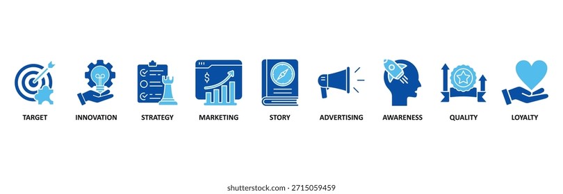 Branding banner web icon set In Blue Style vector illustration foricon of target, innovation, strategy, marketing, story, advertising, awareness, quality and loyalty
