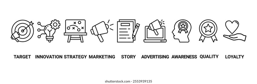 Branding banner web icon vector illustration concept with icon of target, innovation, strategy, marketing, story, advertising, awareness, quality and loyalty