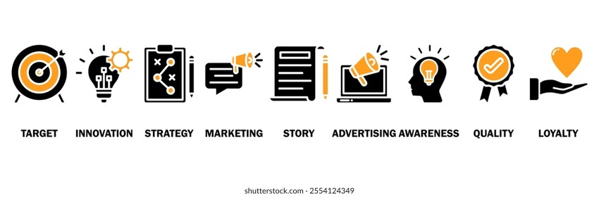 Branding banner web icon vector illustration concept with icon of target, innovation, strategy, marketing, story, advertising, awareness, quality and loyalty