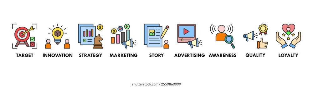 Branding banner web icon vector illustration concept with icon of target, innovation, strategy, marketing, story, advertising, awareness, quality, and loyalty