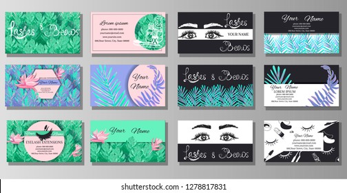 Branding for beauty salon. Big set lashmaker and browmaker business card. Vector illustration in modern style. Logo, lettering, fashion, exotic tropical and beauty background
