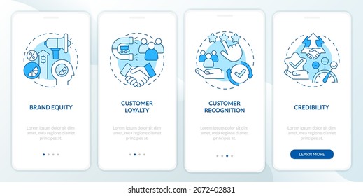 Branding benefits blue onboarding mobile app page screen. Planning business walkthrough 4 steps graphic instructions with concepts. UI, UX, GUI vector template with linear color illustrations