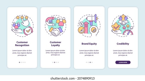 Branding benefits onboarding mobile app page screen. Planning business walkthrough 4 steps graphic instructions with concepts. UI, UX, GUI vector template with linear color illustrations