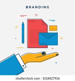 Branding Business Concept. Businessman Hand Holding Different Icons. Flat Line Art. Vector Illustration for Web banners, Websites