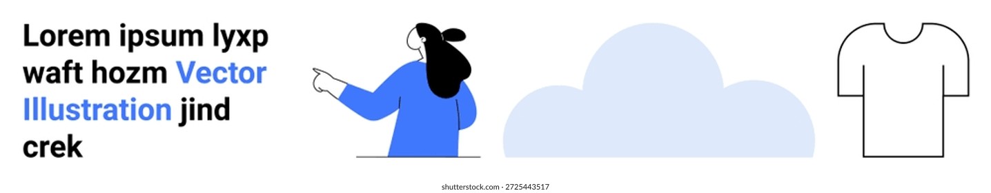 Branding, servicios en la nube, comercio electrónico, conceptos de diseño, compras en línea, personalización. Una persona señalando, una forma de nube y un contorno de camiseta. Branding y servicios cloud