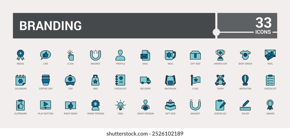 Conjunto de ícones coloridos de marca. Relacionados com marketing, produto, design. Símbolo de cor para Web e interface do usuário. Ilustração vetorial. Os nomes dos ícones são escritos em inglês.