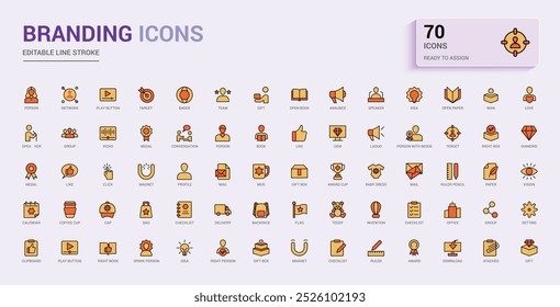 Branding colorful icons set. Related to marketing, product, design. Color symbol for web and ui. Vector illustration. Icon names are written in English.