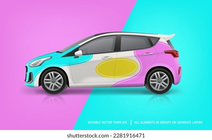 Branding Commercial Car mockup para el diseño de identidad corporativa. Gráficos abstractos en vehículos corporativos. Parodias en coche lateral. Ilustración de vector 3d editable