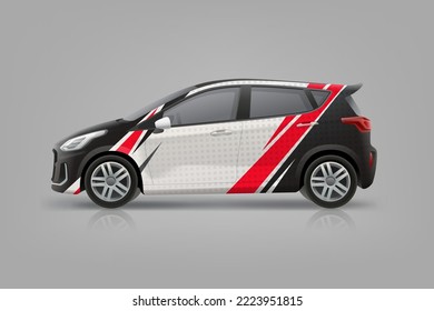 Branding  Company Car mockup for corporate identity design. Abstract Red and black graphics on corporate vehicle. Side view car mockup. Editable vector layout
