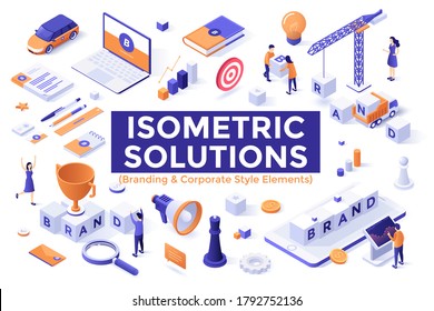 Branding and Company Style set - corporate identity, promotional merchandise, brand management. Collection of isometric design elements isolated on white background. Modern vector illustration.