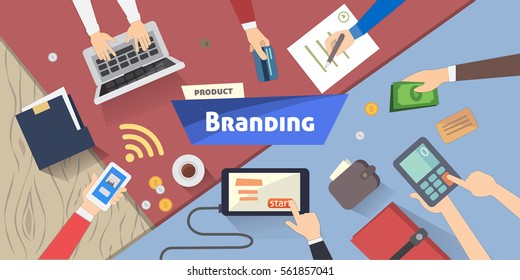 Branding Concept, Creative Idea, Digital Marketing On Desktop Vector Illustration