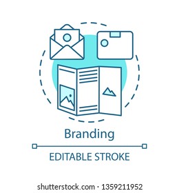 Branding concept icon. Brand management idea thin line illustration. Brand equity, marketing standards. Strategy analysis, planning. Corporate image. Vector isolated outline drawing. Editable stroke