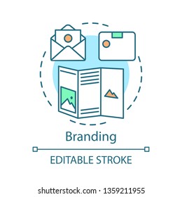 Branding concept icon. Brand management idea thin line illustration. Strategy analysis, planning. Brand equity, marketing standards. Сorporate image. Vector isolated outline drawing. Editable stroke 
