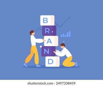 branding concept. Branding strategy and developing a brand. illustration of a team creating and building a brand. business and efforts. flat style design. graphic elements