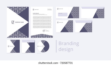 Branding and corporate identity design with classical pattern on blue field