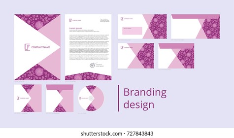 Branding and corporate identity design with pattern roses on a lilac background