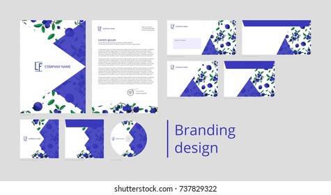 Branding and corporate identity design with pattern blueberries and leaves
