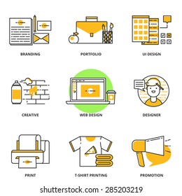 Branding, corporate identity and design vector icons set: branding, portfolio, ui design, creative, web design, designer, print, t-shirt printing, promotion. Modern line style