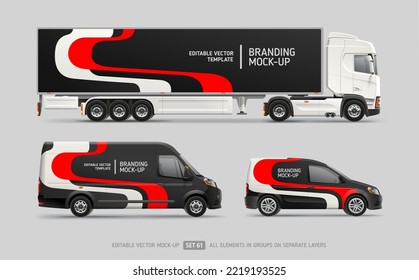 Branding and corporate identity on Van, Company car and Truck mockup set. Abstract graphics of red and black stripes for business background. Branding vehicle. Editable vector template