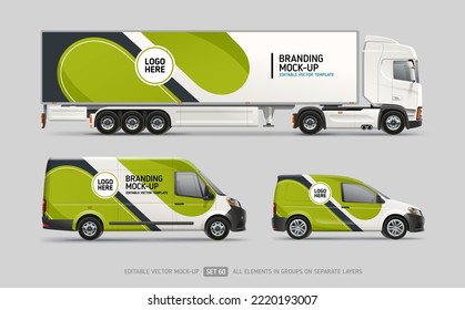 Branding e identidad corporativa en el equipo de simulación Van, Company car y Truck. Gráficos abstractos de rayas verdes y negras para el fondo de negocios. Vehículo de promoción de marca. Plantilla de vector editable