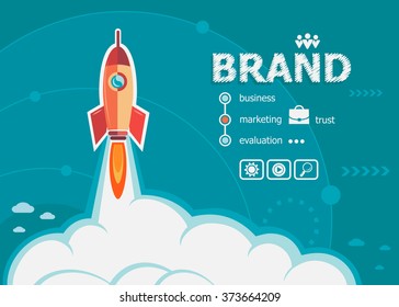 Branding design and concept background with rocket. Brand concepts for web banner and printed materials.