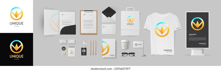 Branding design. Corporate style set with gradient colorful rainbow logo and black background. Minimal style design include folder, A4 form, business cards, envelope, t-shirt, notepad and lightbox.