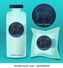 Branding design for dairy. Logotype with image cow from triangles. Vector illustration with set of design elements for bottle milk and packaging dairy.