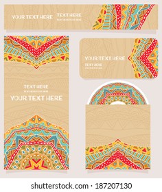 Branding design with ethnic pattern. Abstract Mandala ornament for identity firm design. Set of business cards, banners, CD and cover. Design for greeting card, invitation. Vector.