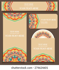 Branding design with festive Mexican pattern. Bright tribal ornament for identity firm design. Set of flyer or poster, business card, horizontal banner, DVD with cover. Vector file is EPS8.