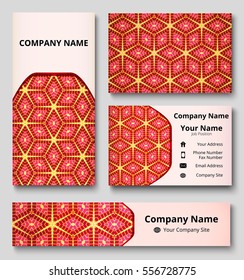 Branding design kit with decorative ornament of red, pink, beige, and yellow shades. Premium corporate identity template. Business stationery mock-up
